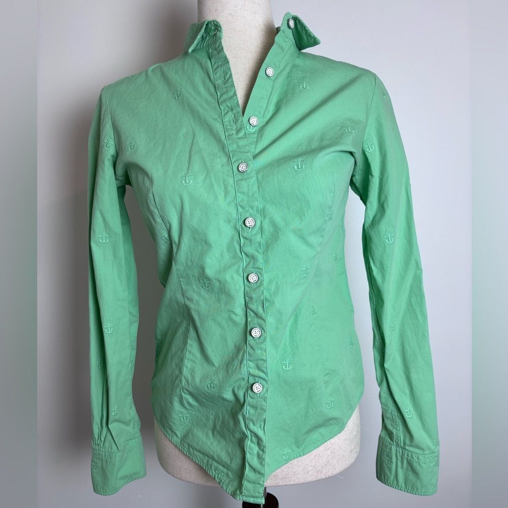 Brooks Brothers sz 2 Nautical Preppy Button Front Long Sleeve Green Dress Shirt
